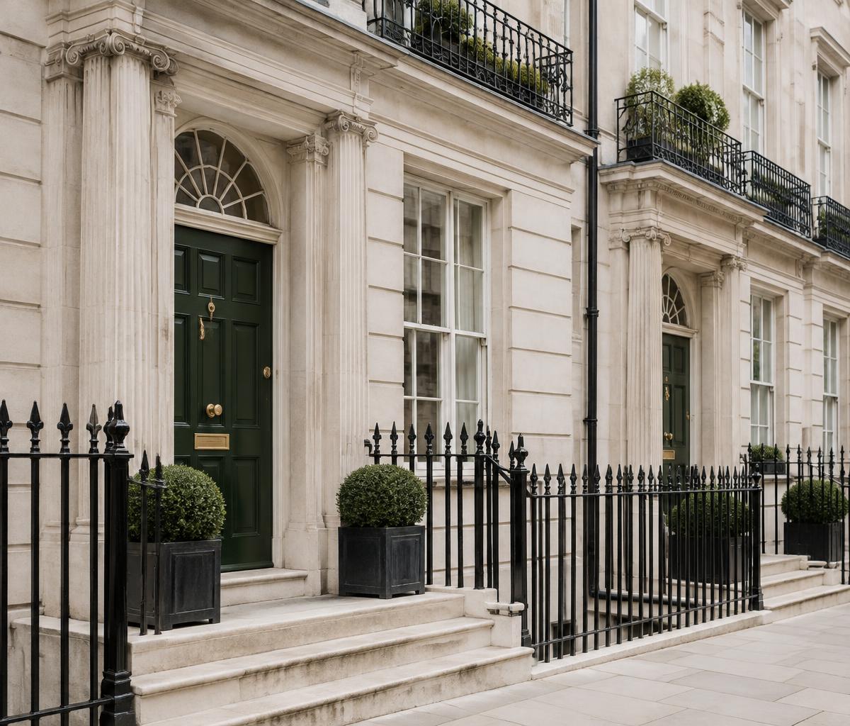 London’s Georgian architecture with pale stone facades and green doors