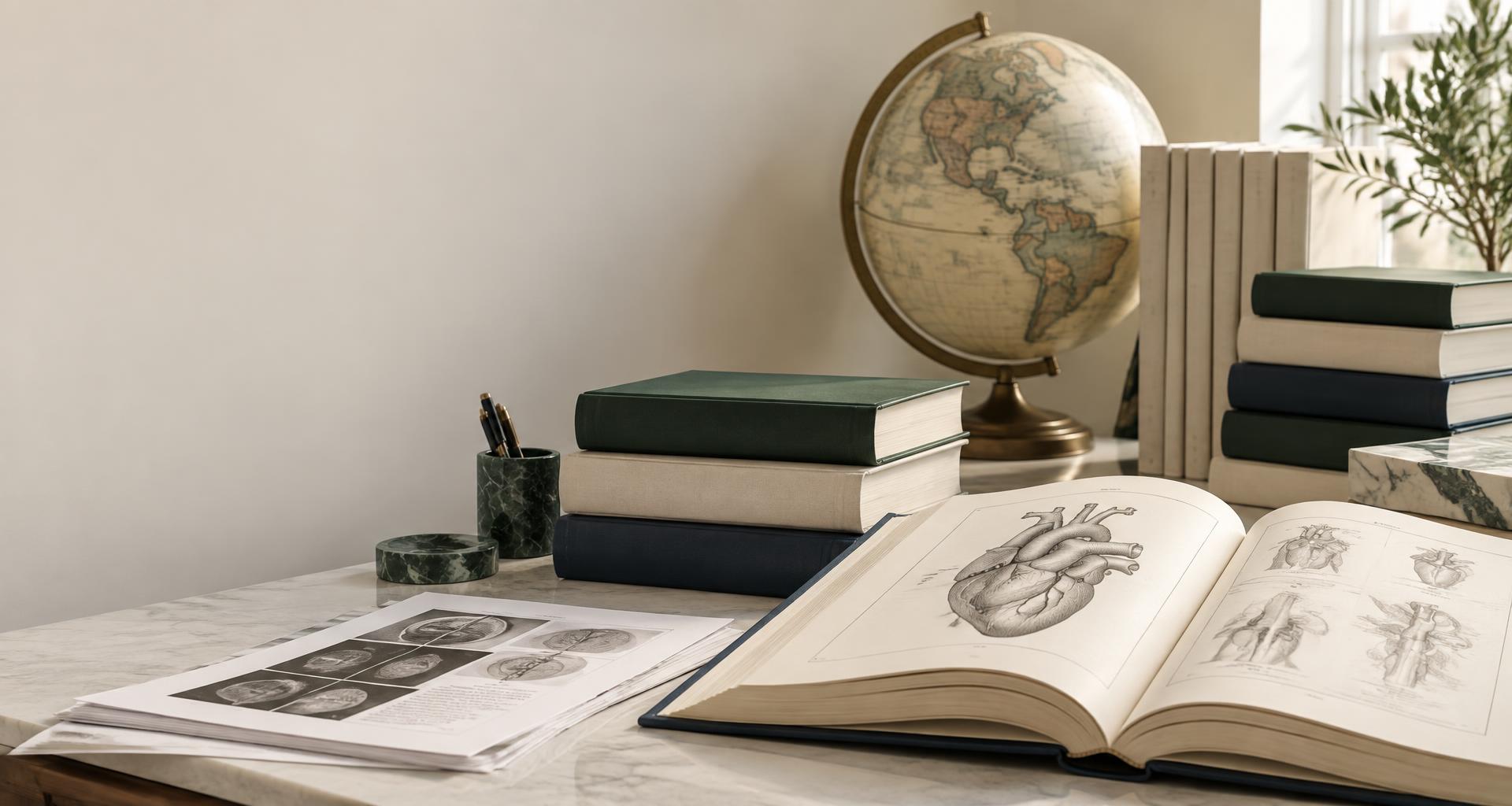 Academic books, an open atlas and a globe in an editorial publishing office